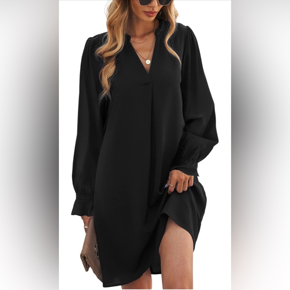 Women’s Black Long-Sleeve V-Neck swing shift Dress